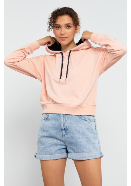 Pembe Uzun Kol Rahat Form Kapüşonlu Kadın Sweatshirt - 97115