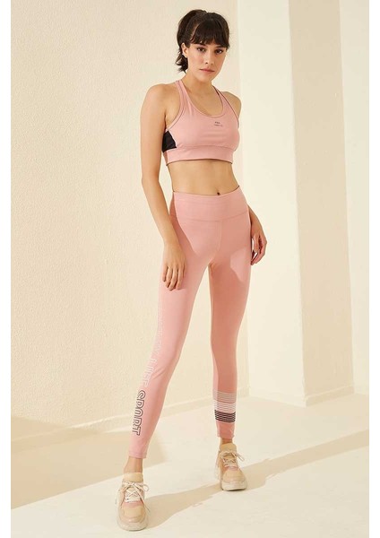 Pudra Yüksek Bel Yazı Baskılı Slim Fit Dar Paça Kadın Tayt - 94544