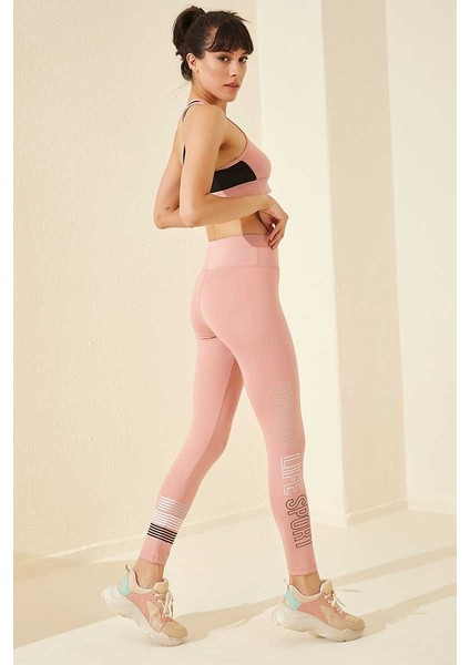 Pudra Yüksek Bel Yazı Baskılı Slim Fit Dar Paça Kadın Tayt - 94544