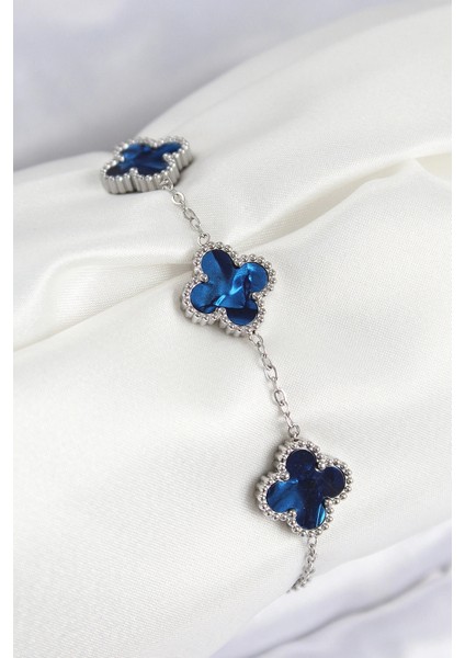 316L Çelik Sedefli Lacivert Gümüş Renk Yonca Kadın Bileklik