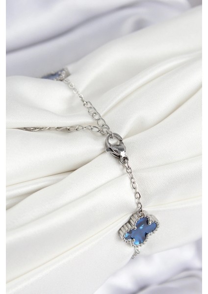 316L Çelik Sedefli Lacivert Gümüş Renk Yonca Kadın Bileklik fiyatları