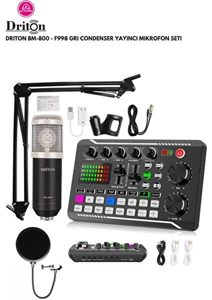 BM-800 + F998 Gri Podcast Tiktok Youtube Twitch Kick Yayıncı Condenser Mikrofon ve Ses Kart Stand Set