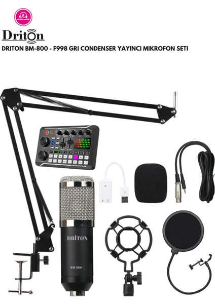 BM-800 + F998 Gri Podcast Tiktok Youtube Twitch Kick Yayıncı Condenser Mikrofon ve Ses Kart Stand Set modelleri