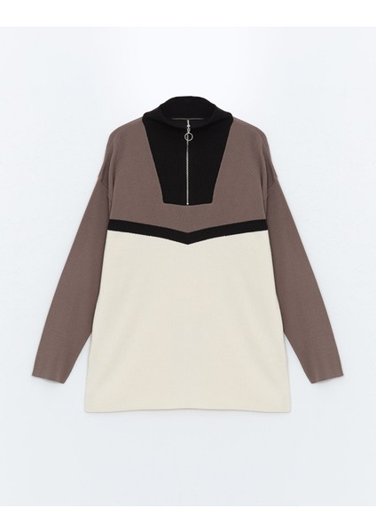 Yeni Sezon Dik Yaka Renk Bloklu Kadın Triko Tunik indirimleri