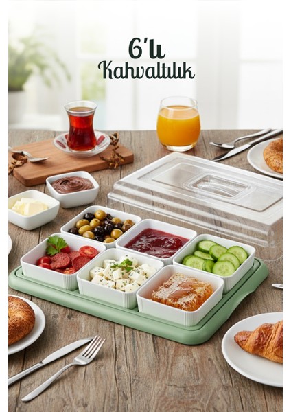 6 Lı Sert Plastik Tepsili Kahvaltılık Seti - Kare Kahvaltılık Kase Saklama Kabı