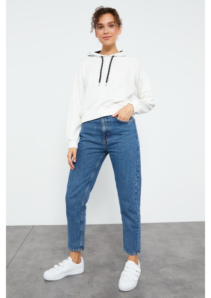 Ekru Uzun Kol Rahat Form Kapüşonlu Kadın Sweatshirt - 97115