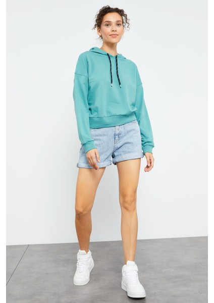 Mint Yeşili Uzun Kol Rahat Form Kapüşonlu Kadın Sweatshirt - 97115