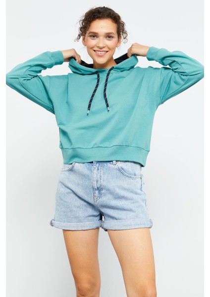 Mint Yeşili Uzun Kol Rahat Form Kapüşonlu Kadın Sweatshirt - 97115