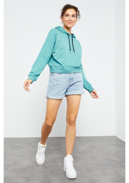 Mint Yeşili Uzun Kol Rahat Form Kapüşonlu Kadın Sweatshirt - 97115