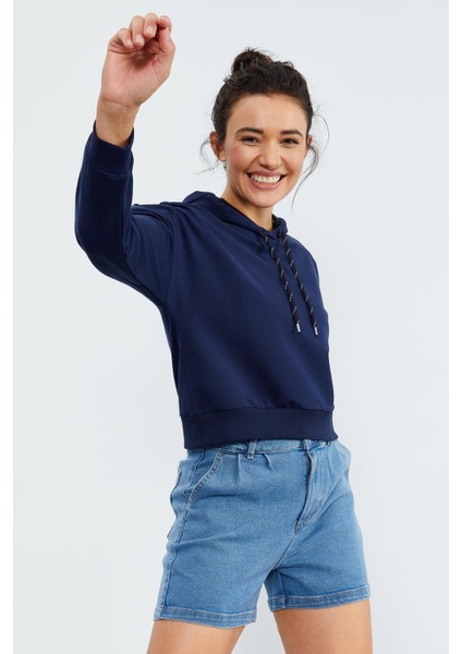 İndigo Uzun Kol Rahat Form Kapüşonlu Kadın Sweatshirt - 97115