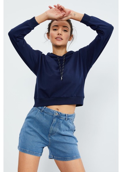 İndigo Uzun Kol Rahat Form Kapüşonlu Kadın Sweatshirt - 97115