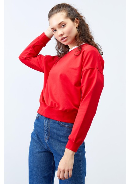 Kırmızı Basic Rahat Form O Yaka Kadın Sweatshirt - 97114