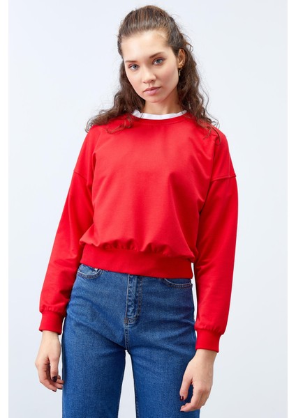 Kırmızı Basic Rahat Form O Yaka Kadın Sweatshirt - 97114