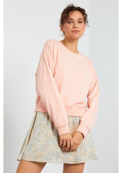 Pembe Basic Rahat Form O Yaka Kadın Sweatshirt - 97114