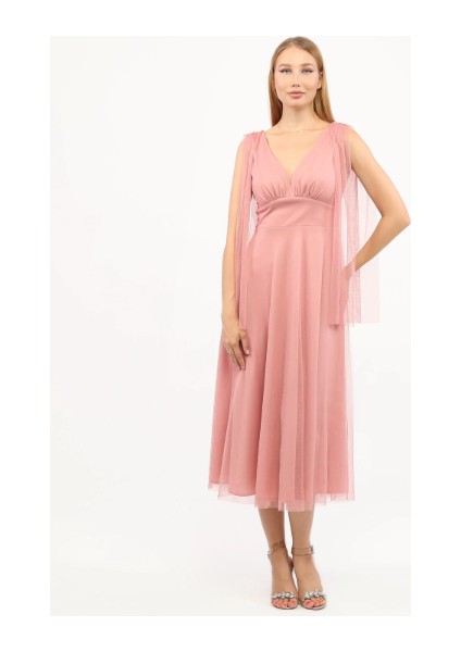 Göğüs Büzgü Detaylı Esnek Tül Abiye Elbise