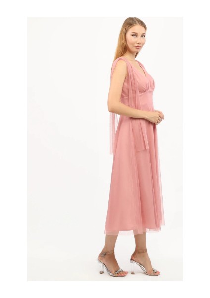 Göğüs Büzgü Detaylı Esnek Tül Abiye Elbise indirimleri