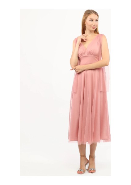 Göğüs Büzgü Detaylı Esnek Tül Abiye Elbise