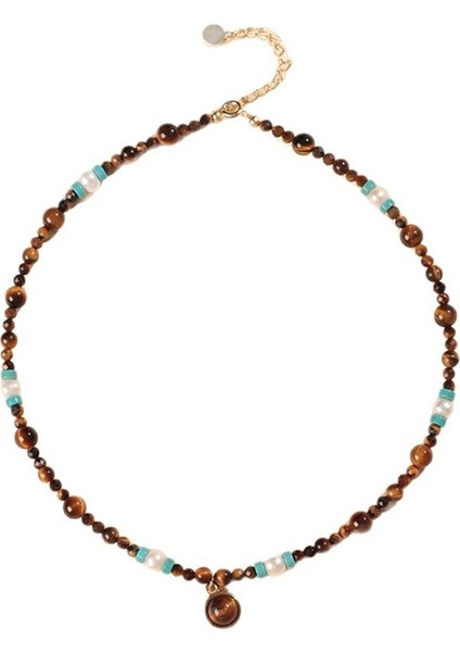 Kaplan Gözü, Inci ve Turkuaz Köprücük Kemiği Zincirine Sahip, Etnik Tarzda Vintage Kolye Ucu (Yurt Dışından)