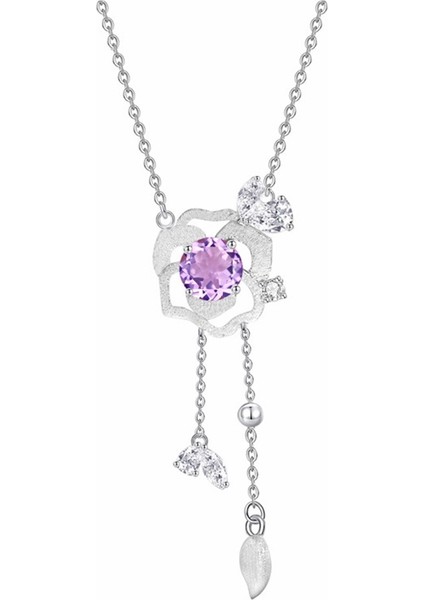 Gül Püsküllü Köprücük Kemiği Zinciri ve Doğal Kristal Taşlı S925 Ayar Gümüş Kolye (Yurt Dışından)