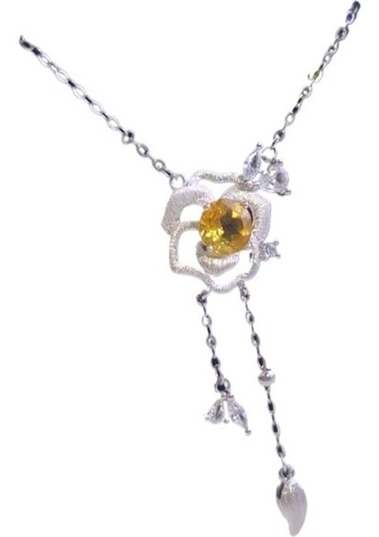 Gül Püsküllü Köprücük Kemiği Zinciri ve Doğal Kristal Taşlı S925 Ayar Gümüş Kolye (Yurt Dışından)