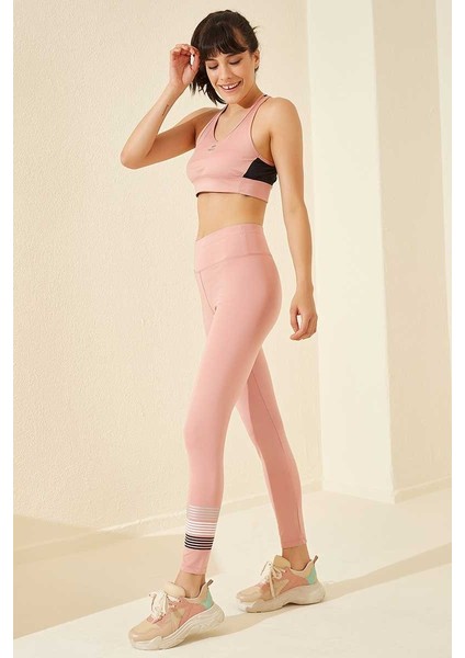 Pudra Yüksek Bel Yazı Baskılı Slim Fit Dar Paça Kadın Tayt - 94544