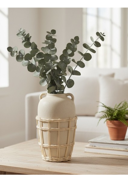 Büyük Doğal Hasır Örgülü Terakota Vazo