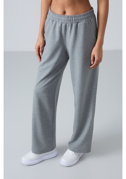 Gri Melanj Yüksek Bel Cepli Rahat Form Geniş Paça Kadın Eşofman Alt - 94567