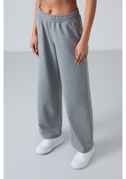 Gri Melanj Yüksek Bel Cepli Rahat Form Geniş Paça Kadın Eşofman Alt - 94567