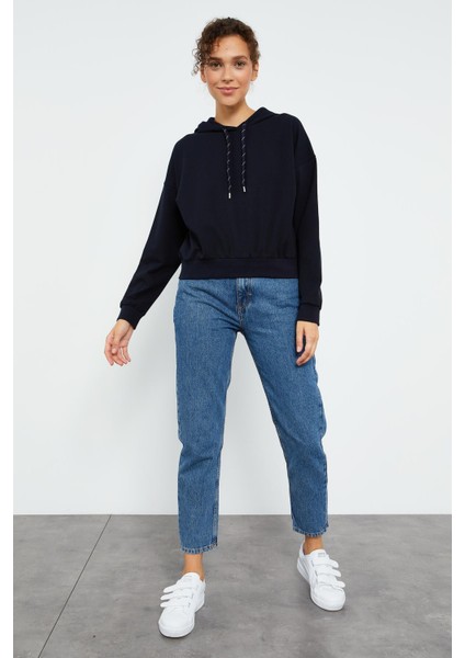 Lacivert Uzun Kol Rahat Form Kapüşonlu Kadın Sweatshirt - 97115