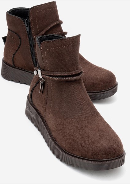 Sade Fermuarlı Aksesuarlı Düz Bot KAHVE SÜET