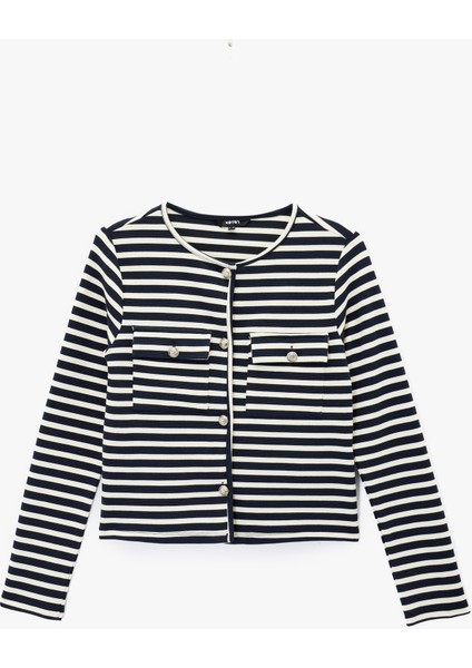 Düğmeli Pamuklu Uzun Kollu Bisiklet Yaka Çizgili Hırka