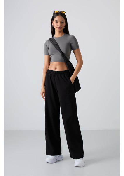 Siyah Yüksek Bel Cepli Rahat Form Geniş Paça Kadın Eşofman Alt - 94567