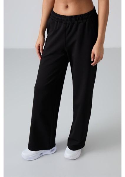 Siyah Yüksek Bel Cepli Rahat Form Geniş Paça Kadın Eşofman Alt - 94567