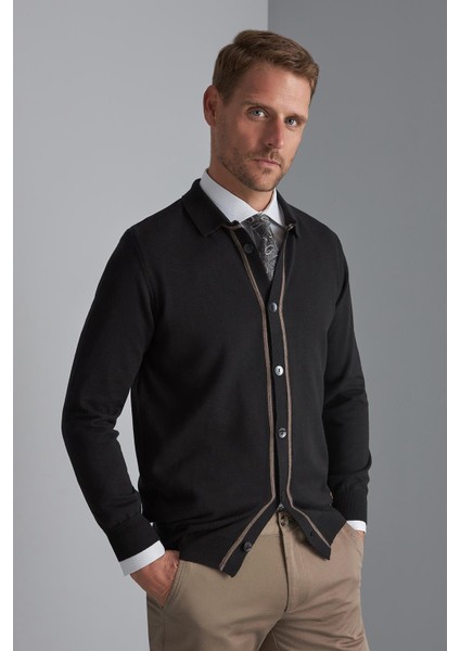 Siyah Standart Fit Dar Kalıp Düğmeli Düz Uzun Kollu Triko Hırka fiyatları