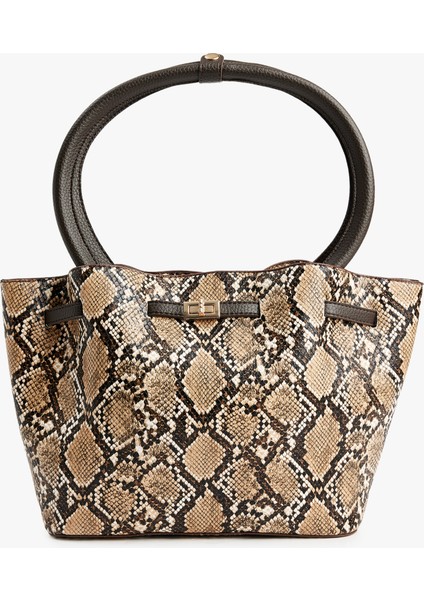Saplı Metal Tokalı Yılan Derisi Desenli Tote Çanta