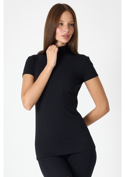 Kadın Siyah Kısa Kollu Yarım Balıkçı Yaka Modal Body 1043