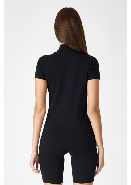 Kadın Siyah Kısa Kollu Yarım Balıkçı Yaka Modal Body 1043