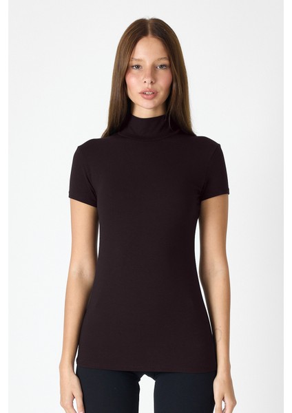 Kadın Kahverengi Kısa Kollu Yarım Balıkçı Yaka Modal Body 1043