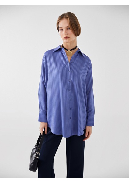 Yeni Sezon Çizgili Saten Kadın Gömlek Tunik