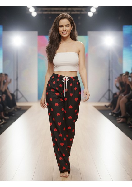 Kırmızı Kalp Desenli Siyah Pijama Altı