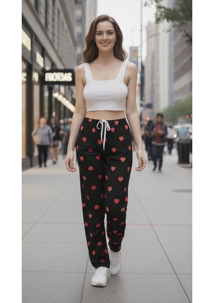 Kırmızı Kalp Desenli Siyah Pijama Altı modelleri