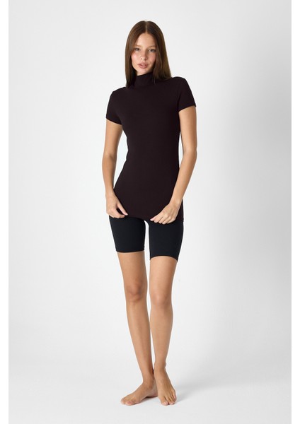 Kadın Kahverengi Kısa Kollu Yarım Balıkçı Yaka Modal Body 1043 modelleri