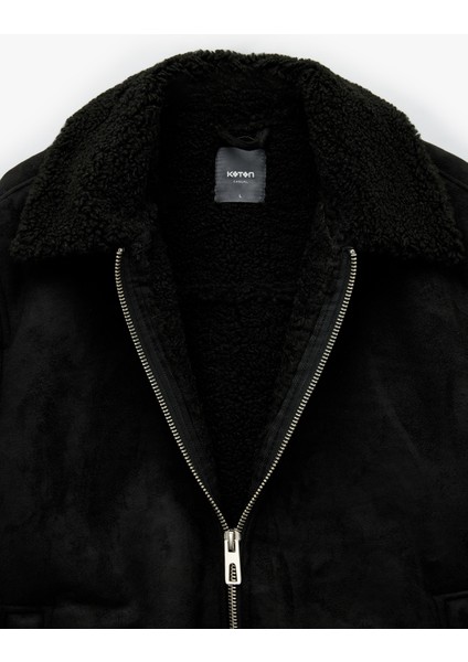 Peluş Yaka Fermuarlı Slim Fit Uzun Kollu Kışlık Suni Süet Ceket fırsatları