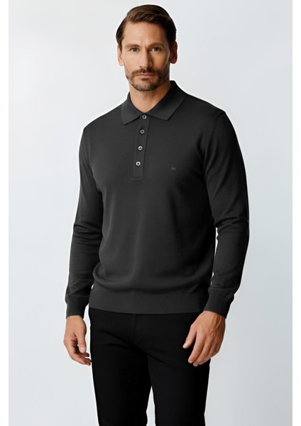 Antrasit Standart Fit Dar Kalıp Polo Yaka Düz Uzun Kollu Triko