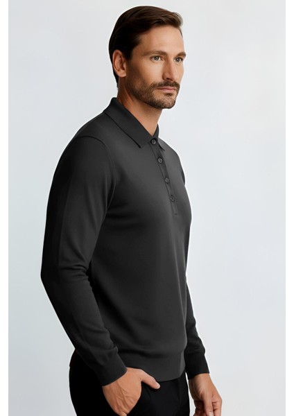 Antrasit Standart Fit Dar Kalıp Polo Yaka Düz Uzun Kollu Triko fiyatları