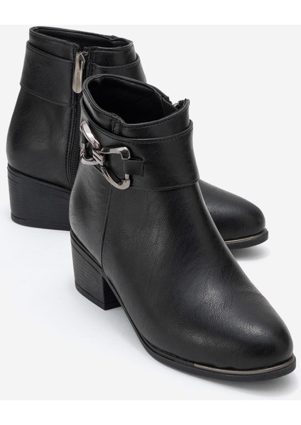 Kadın Çift Üçgen Tokalı Topuklu Bot Siyah Cilt