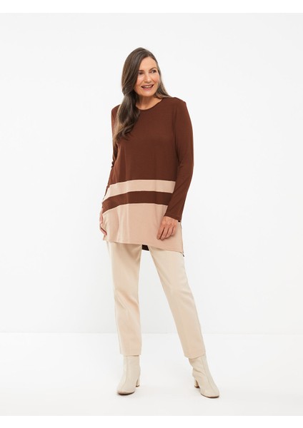 Yeni Sezon Bisiklet Yaka Renk Bloklu Uzun Kollu Kadın Tunik