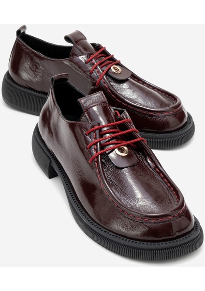 Band Bordo Kırışık Rugan Hakiki Deri Bağcıklı Kadın Loafer Ayakkabı