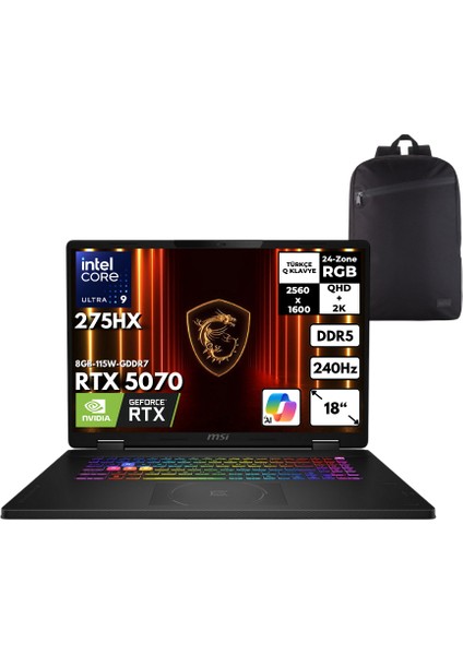 Msı Crosshaır 18 Hx Aı Ultra 9-275HX 64-Gbddr5 1 Tbssd RTX5070 (8GB-115W) 18" 2k Qhd+ 240Hz Windows 11 Home + Hmf Sırt Çantası A2XWGKG-032XTRHMF7