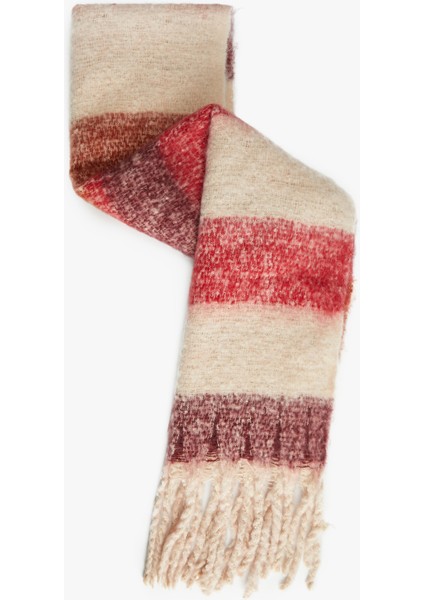 Yumuşak Dokulu Renk Bloklu Püsküllü Uzun Atkı